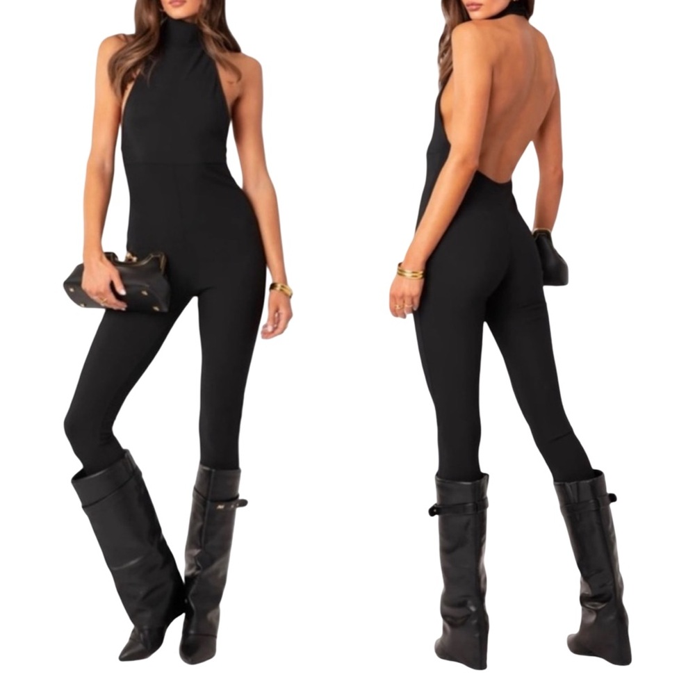 New!!  Edikted Aero Open Back Ribbed Halter Jumpsuit - in Black - Size Large